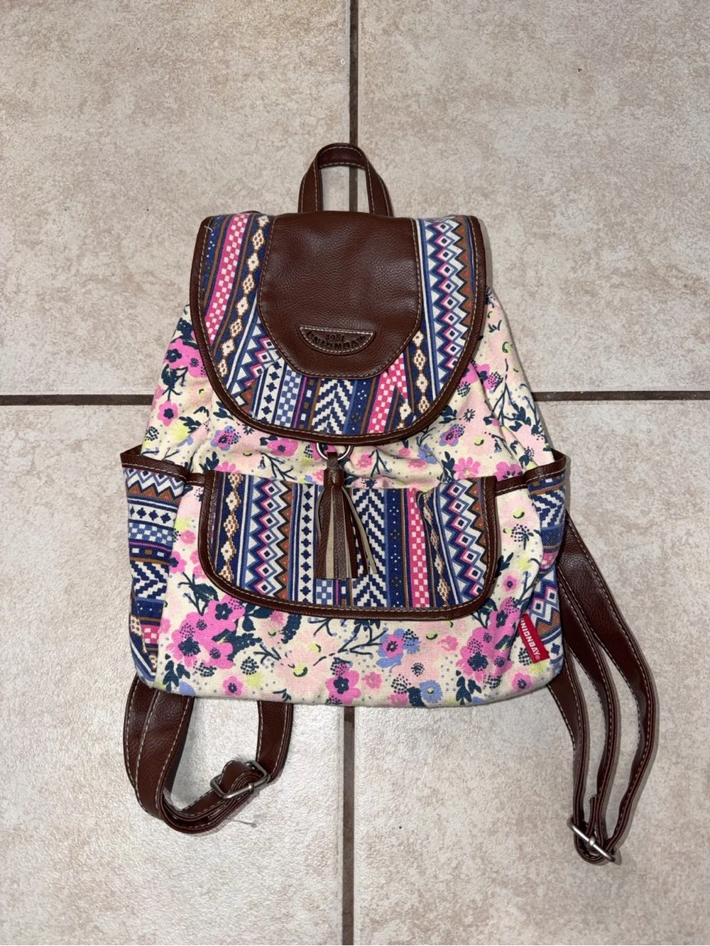 UNIONBAY 1981 Boho Floral Geometric Canvas Backpack Brown